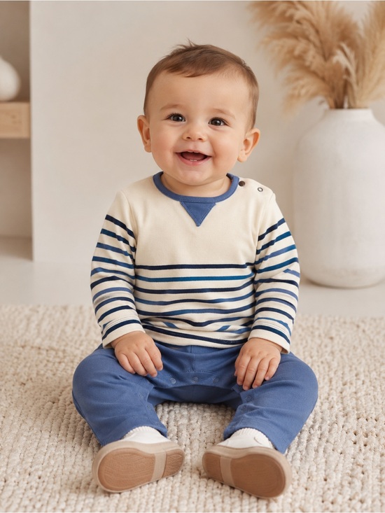 Petit Bateau Other - Petit Bateau Cream & Blue Striped Baby Boy One-Piece Snap Closure Onesie 18mo